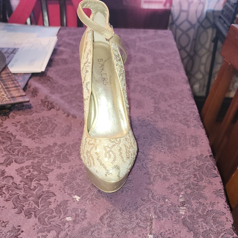 Bakers Gold Stiletto Heels with Intricate Design